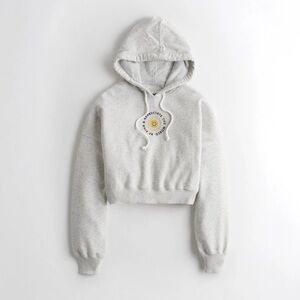 Hollister Women's Gray Fleece Lined Cropped Hooded Sweatshirt Be Kind Sun Sz XS
